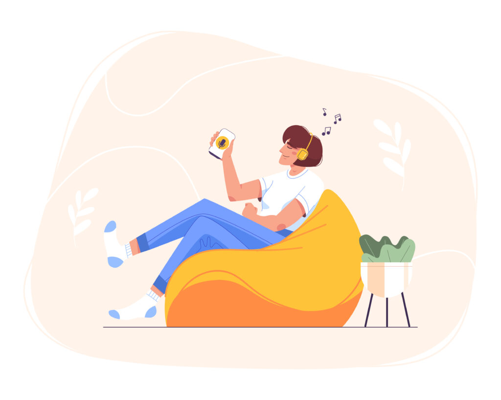 teen girl in headphones listening to music or podcast